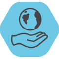 Hand with Earth floating above it icon on blue background